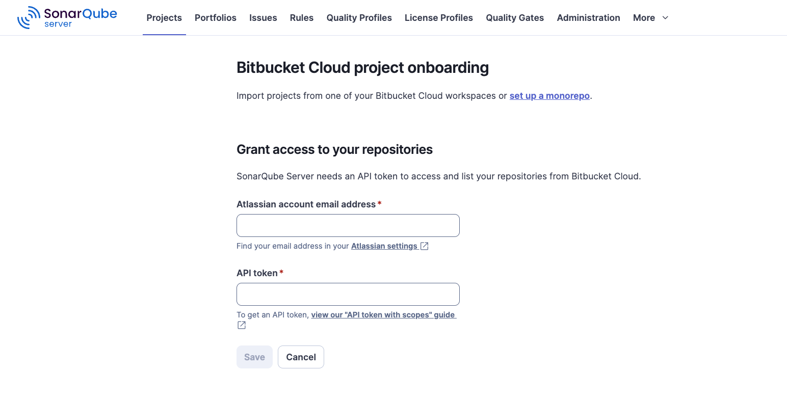 The first time you import a Bitbucket Cloud repository into SonarQube, you must enter a username and an App password.