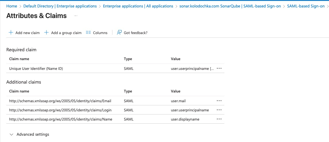 Attributes & Claims section in Microsoft Entra ID