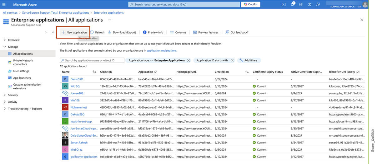 Select New application to create your own application