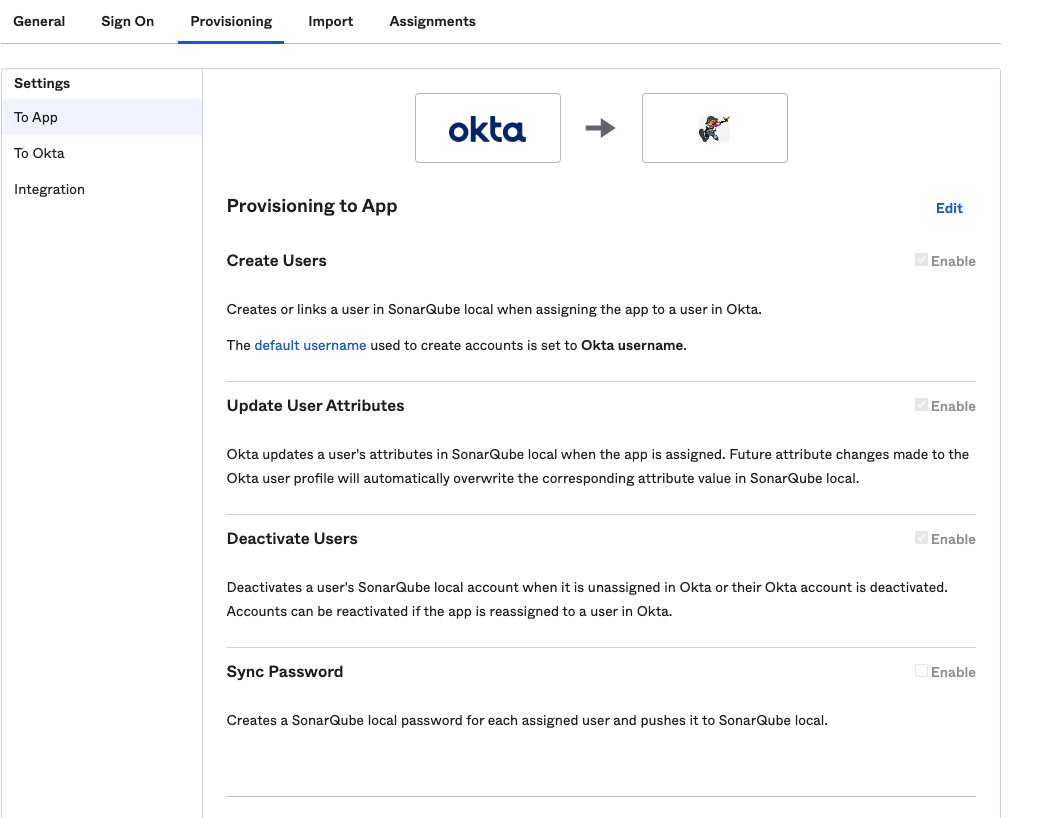 Screenshot of the SCIM Provisioning to App page in Okta.
