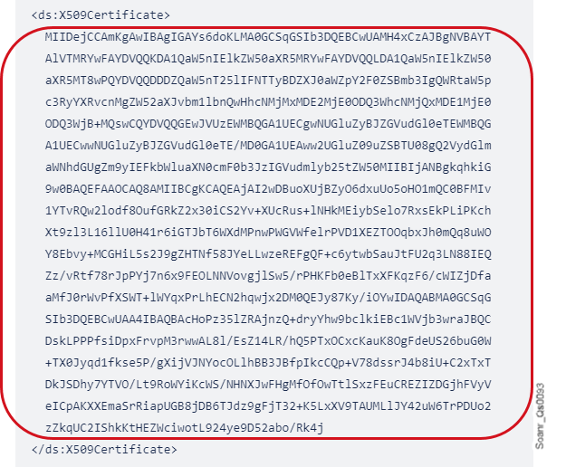 Find the <ds:X509Certificate> node in the Ping Identity's metadata file
